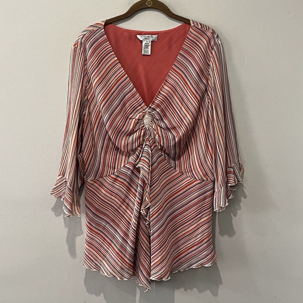 Nine West Pink and White Striped V-Neck Blouse